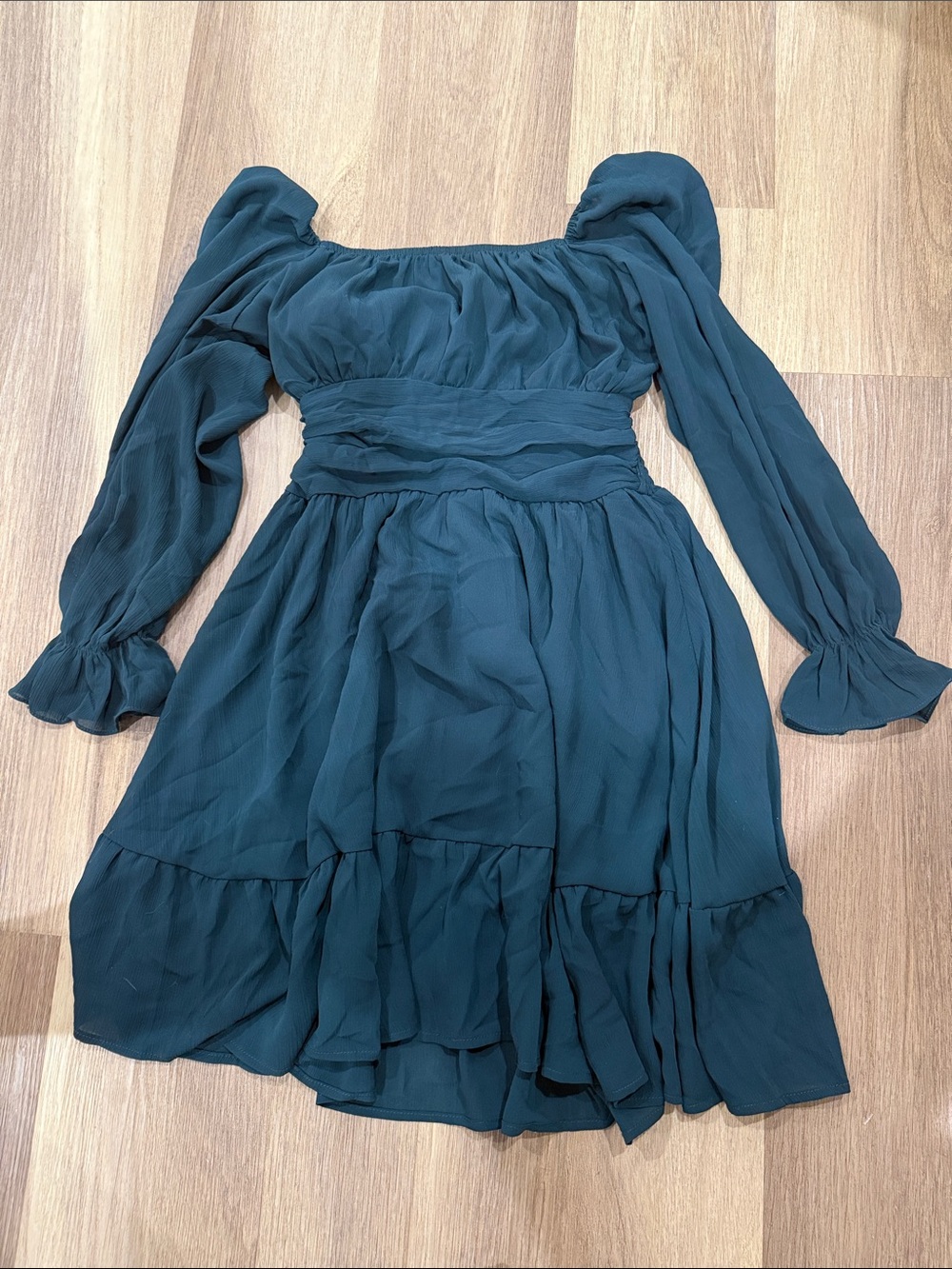 Teal Long Sleeve Ruffle Tiered Mini Dress